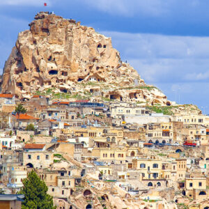 Uchisar Castle rock fortress, the highest point in Cappadocia, Turkey