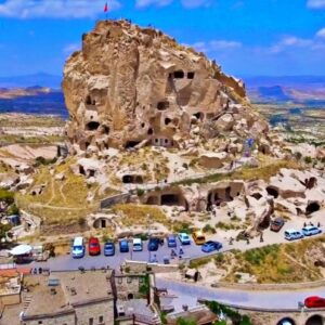 Aerial view of Uchisar Castle and the surrounding Cappadocian landscape