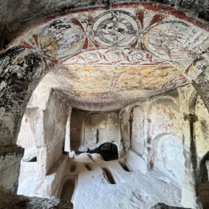 Interior of Keslik Monastery’s rock church with ancient Christian art