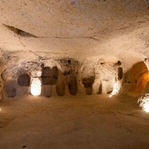 Kaymaklı Underground City narrow tunnel, Cappadocia, Turkey