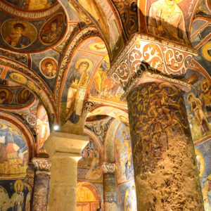 Ancient rock-carved chapels and religious sites in Goreme, Turkey