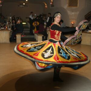 Performers in vibrant costumes showcasing Turkish culture in a Cappadocia show