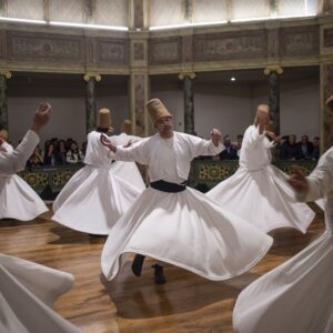 Authentic Sufi music ensemble playing live during the Whirling Dervish ceremony in Cappadocia, enhancing the mystical atmosphere