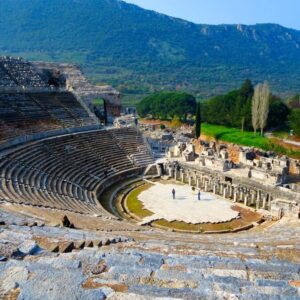 Explore the iconic Great Theatre of Ephesus, seating 25,000 spectators
