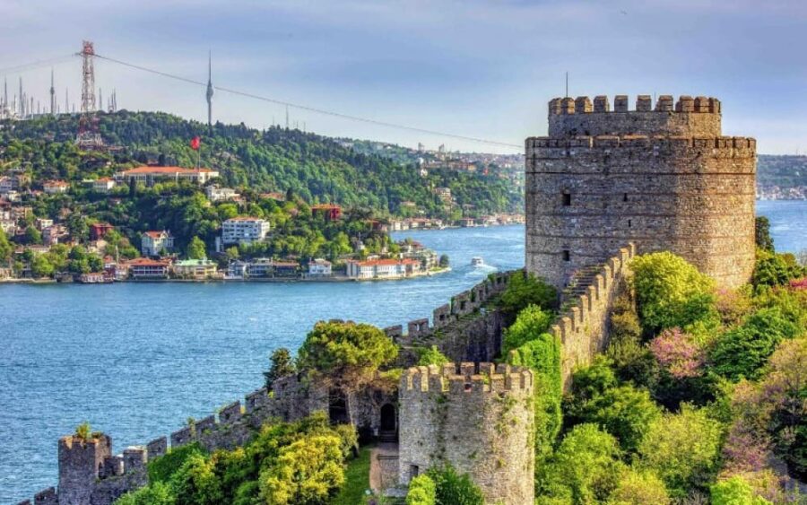 The silhouette of Rumeli Fortress standing proudly above the waters